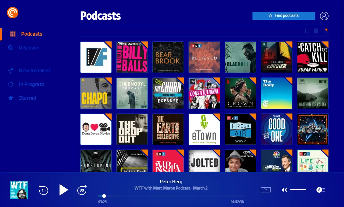 pocket casts site with dark blue theme