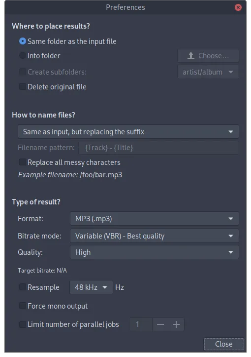 sound converter preferences